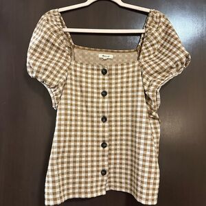 Madewell Brown Gingham Puff Sleeve Blouse